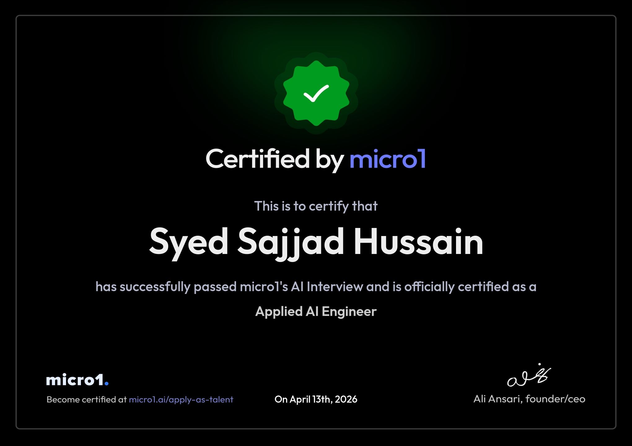 Certified by micro1 as Applied AI Engineer certificate preview