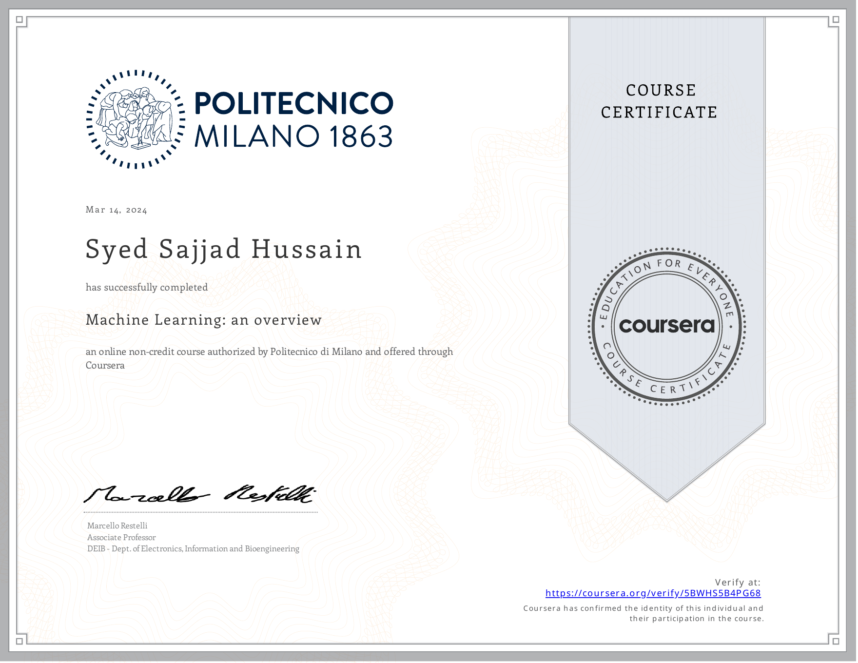 Machine Learning: an overview certificate preview
