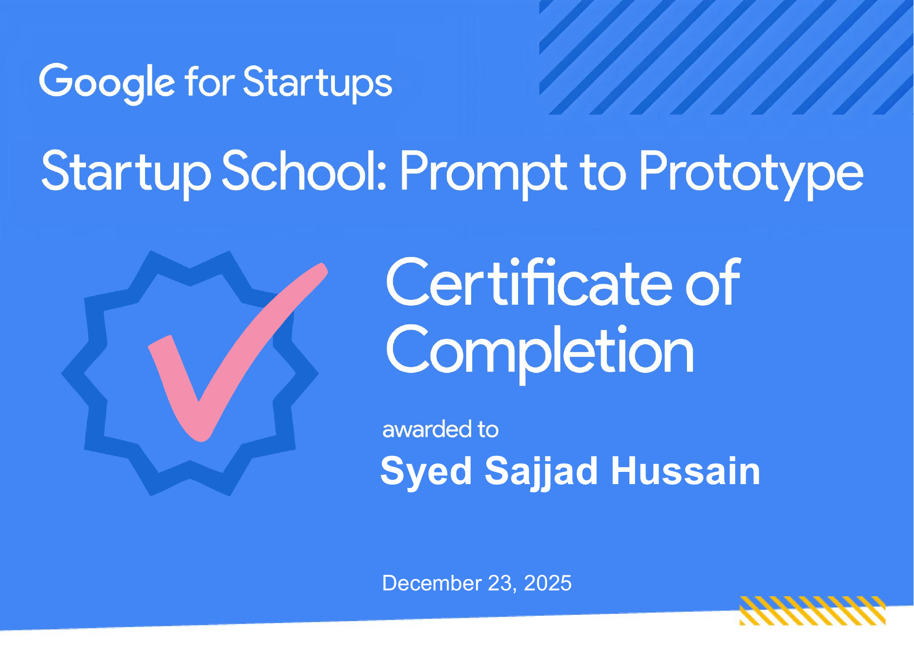 Startup School: Prompt to Prototype certificate preview