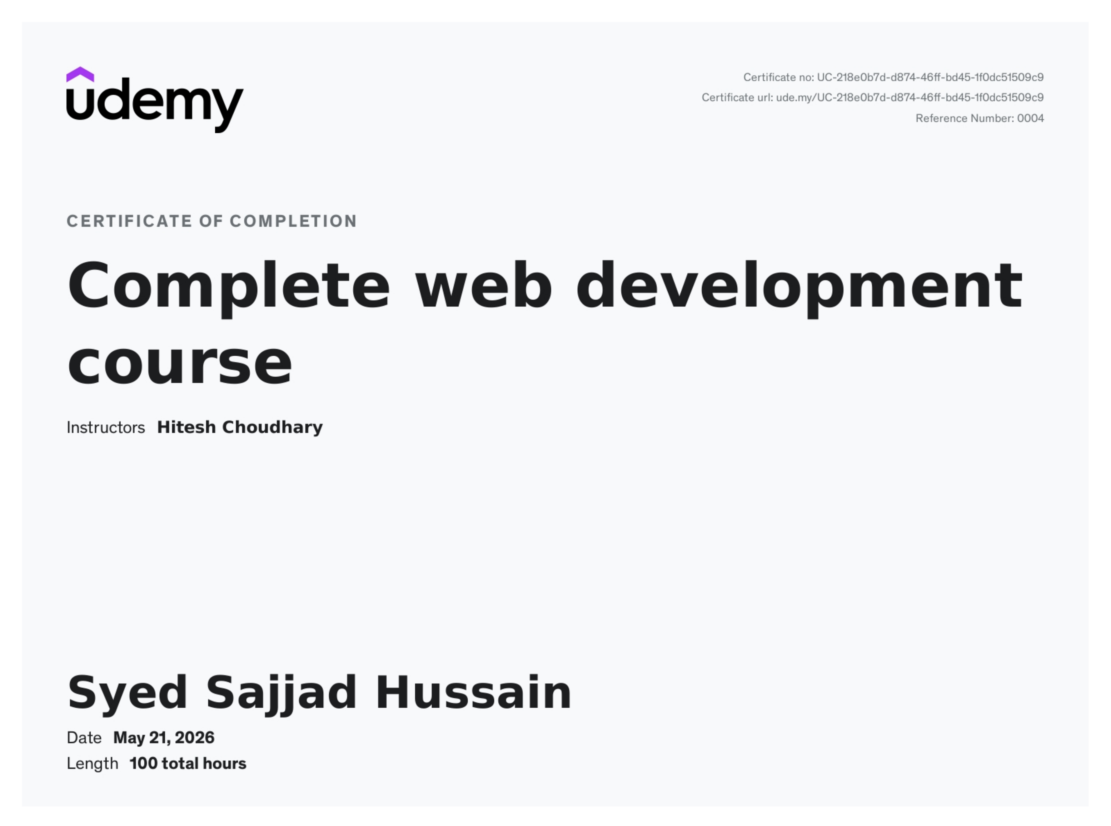 Complete Web Development Course certificate preview