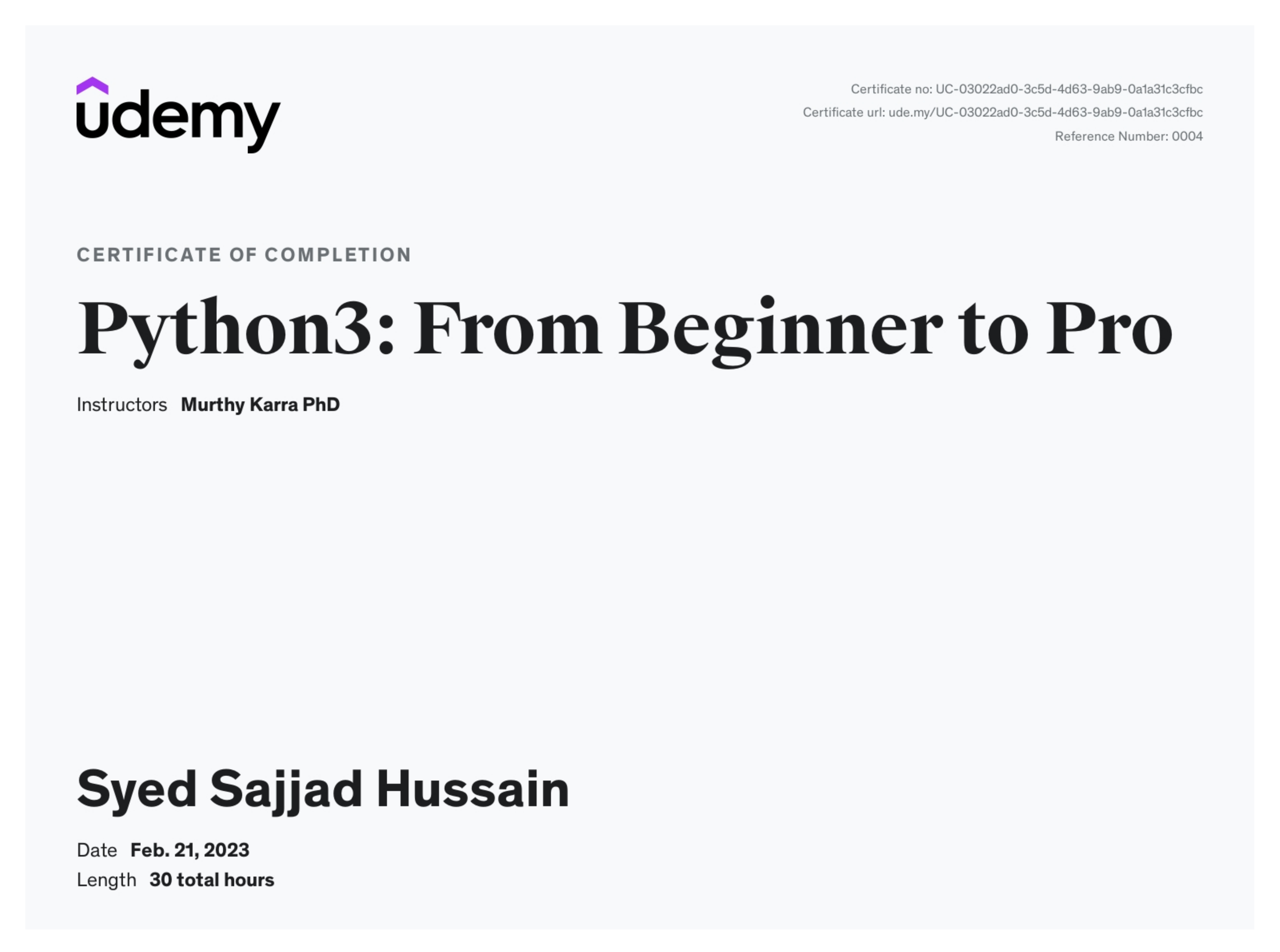 Python3: From Beginner to Pro certificate preview